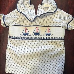 Sailboat Embroidered Kids Top - Navy Dots